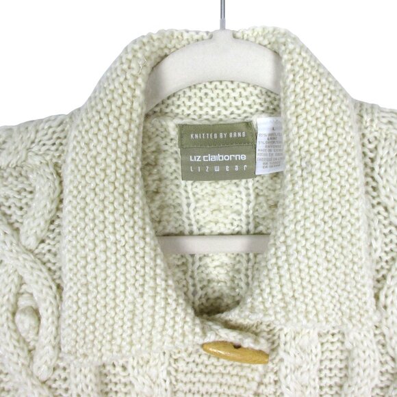 Liz Claiborne Cardigan Sweater Size L Vintage Hand Knit Wood Buttons Cable Knit - Picture 3 of 7